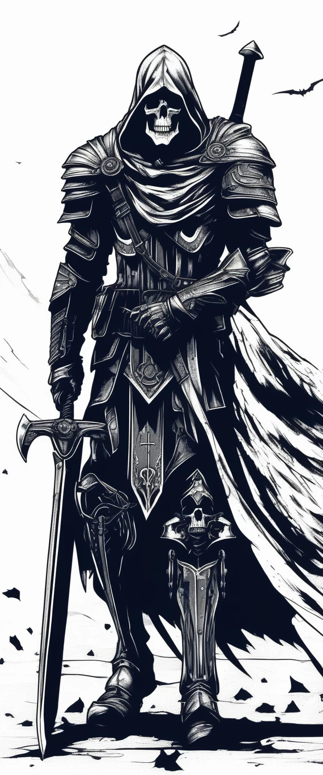 Perfectly crafted、A visually stunning mechanical warrior, in the wind, On the ruined battlefield, The Grim Reaper's presence hangs heavy in the air., Intricate details, Stylish and delicate brushwork, Perfect skin makes you a warrior, Cool, stylish essence and complexity, Top quality full body shots, Like an illustration photo, Immerse yourself in a visually detailed steampunk world, Flawless artwork and top quality execution enhance, Hold the scythe, Shoulder Shield Details of Mastery and Caution, The tattered cloak flutters in the wind, Add dark fantasy elements, Backgrounds full of creepy details, The destruction and despair that occurred, Dark and horrifying paintings, (The essence of death and desolation and a gloomy atmosphere:1.1), A beautiful depiction of the aftermath of war,