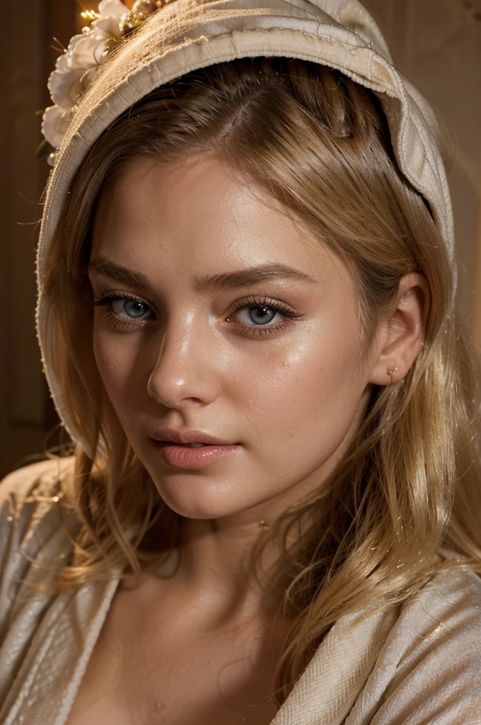 a beautiful blonde girl, wearing a bathrobe, in a luxury hotel, sitting in a the bed, detailed beautiful eyes, detailed beautiful lips, extremely detailed face, long eyelashes, elegant pose, photorealistic, 8k, high quality, masterpiece, intricate details, warm lighting, atmospheric, cinematic, dramatic, elegant, glamorous, photo portrait, hair a bit wet