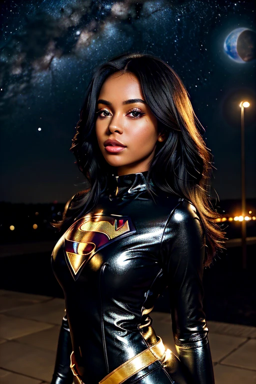 1 black girl , with super girl outfit , extremely low-cut, with black and gold cover, dark evening, planets in the background, pastel colours, ink drops, autumn lights, star eye, black long hair, black eyes, engine unreal, side lighting, face detailed, , shining skin, simple background, darkness background, complete body