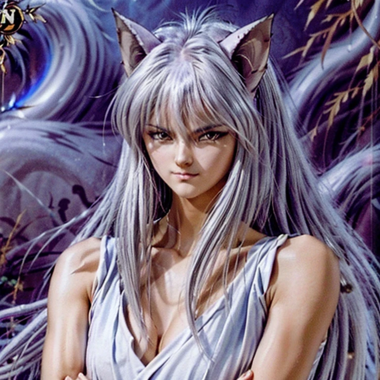 (Yoko Kurama):Height: Taller than your human form, with an imposing presence.
hairs: long and silver, giving an ethereal and majestic appearance.
muka: Sharper and more angular, with more striking features and an often cold and calculating expression.
eyeballs: golden, bright and intense, with feline pupils that highlight its predatory nature.
ears: Pointy, similar to those of an elf or fox.
Tailpussy: A long, silver fox tail.
Skinned: clear, but with a supernatural glow.
Physical condition: Muscular and agile, with graceful and precise movements.
This physiognomy of Yoko Kurama reflects her dual nature, combining the cunning and power of the fox demon with the intelligence and sensitivity of his human form.