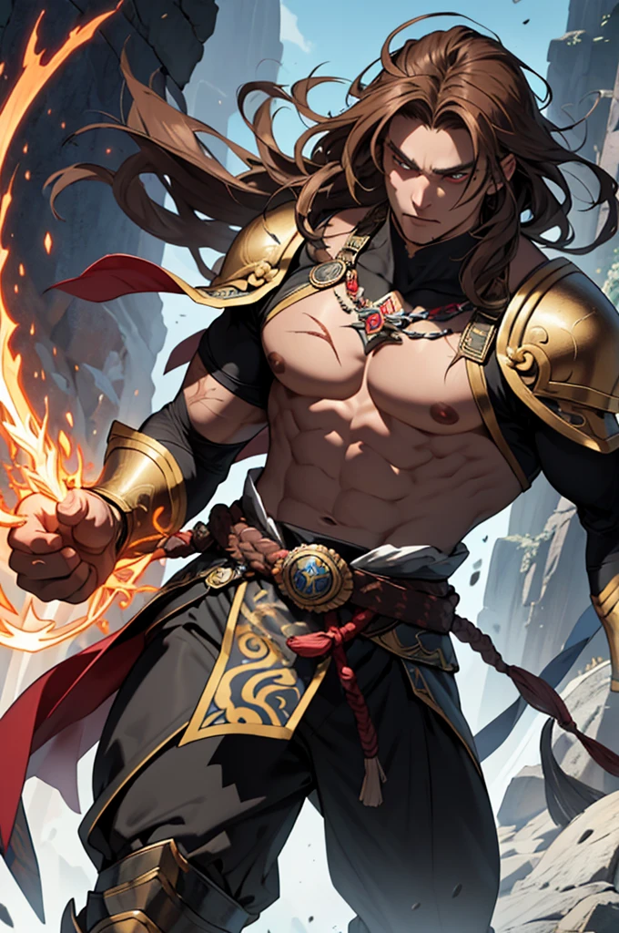 Merlin, 20 year old boy, long dark brown hair, short messy hair, brown eyes, djinn clothing, naked top, muscular body, black briefs, djinn bracelet with golden gems, brown boots, phosphorescent gold tattoos, surrounded by fire and white smoke tied by cardenas of hands and feet surrounded by white chains on a background of Arab ruins.