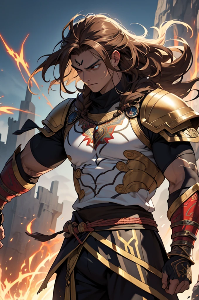 Realistic image of a handsome, strong man, long brown hair, brown eyes, dressed in black alchemist style costumes with a black blouse underneath, anime character style art, fighter posture, angry, hallway of a palace with rubble