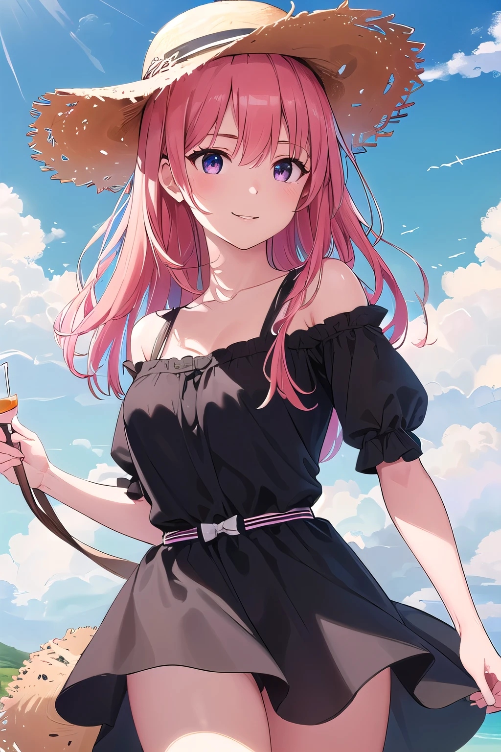(8K, top-quality, masterpiece:1.2), (reallistic, Photorealsitic:1.37), Super Detail, One girl,), (Highly detailed), (beautifully detailed eyes), (of the highest quality), (super detailed ), (masterpiece), (Detailed face),20yr old, ,1 girl, ((pink hair,long hair)), medium breasts, clothed, Perfect Lighting, BREAK, (black dress:1.5), (long skirt:1.3), (embroidered hem:1.2), (white sandals:1.2), (straw hat:1.5), (white ribbon:1.3), (summer:1.4), (lightweight fabric:1.2), BRAKE, (upper body to thighs:1.2), (long pink hair:1.3), (gentle smile:1.2), (face slightly up:1.2), (holding a straw hat:1.2), (summer sky with cumulus clouds:1.4), (backlit:1.2), BRAKE