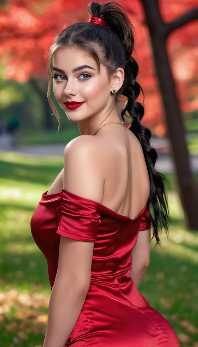 ultrarealistic high quality fullbody photo of a beautiful busty slim european 19-year-old mwoman with cute hyperdetailed shy face and dyed black long messy ponytail hair and happy face, realistic round hazel eyes, red lips, dark eye makeup with eyeliner, wearing red longsleeve satin minidress, hourglass body, outdoor shooting in central park