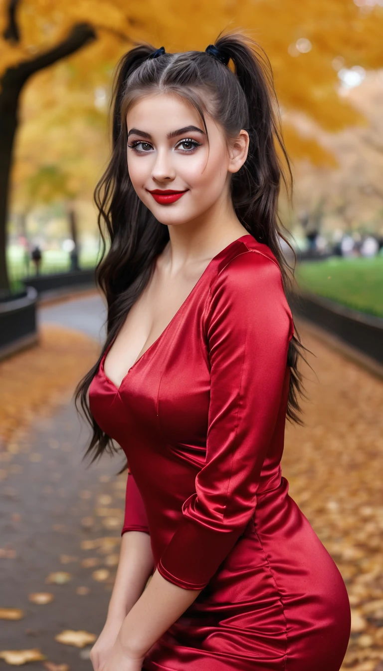 ultrarealistic high quality fullbody photo of a beautiful busty slim european 19-year-old mwoman with cute hyperdetailed shy face and dyed black long messy ponytail hair and happy face, realistic round hazel eyes, red lips, dark eye makeup with eyeliner, wearing red longsleeve satin minidress, hourglass body, outdoor shooting in central park