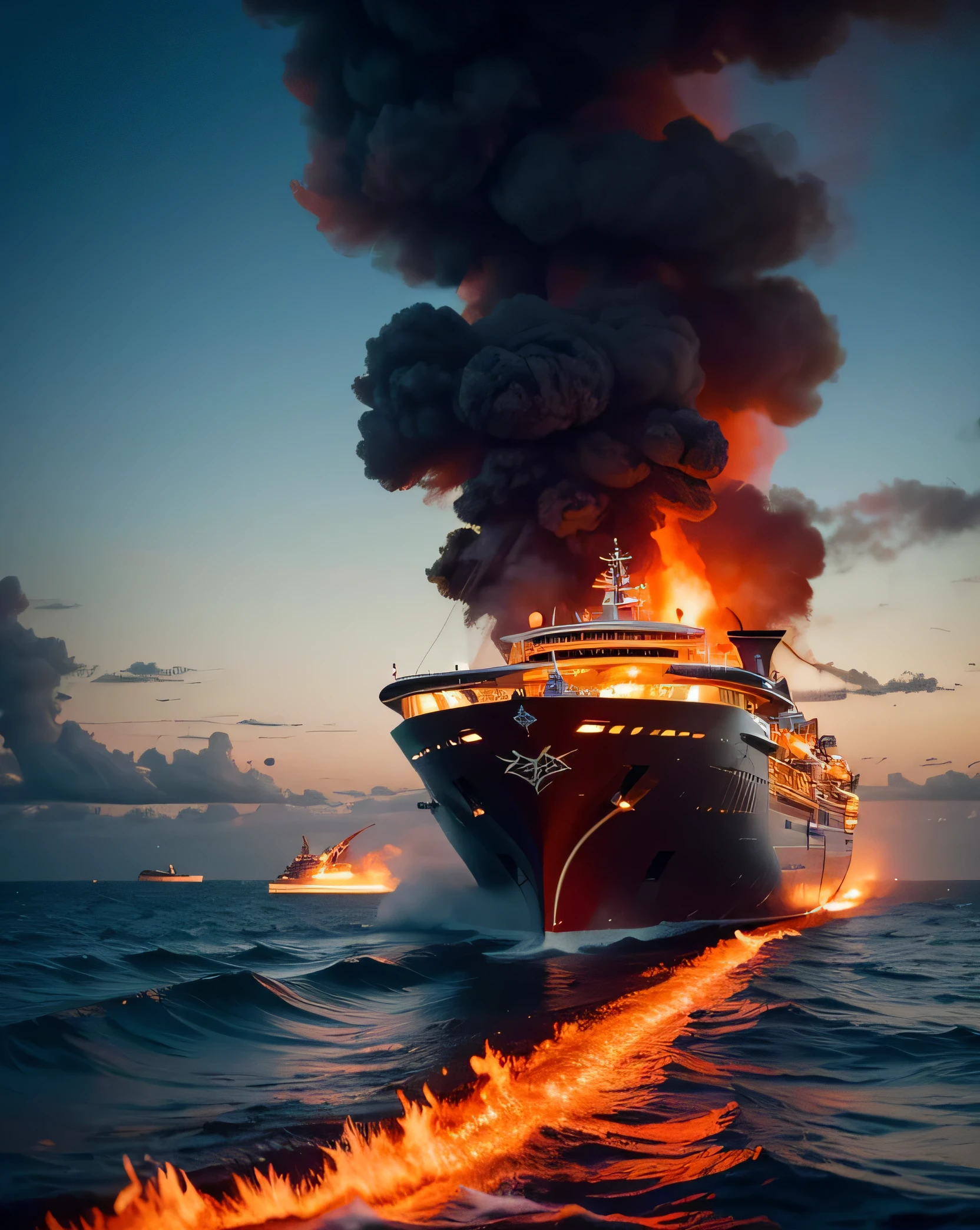 Ultra HD resolution,artistic photos,Professional Photography,((a burning red cruise on fire in the ocean)), attention to detail.