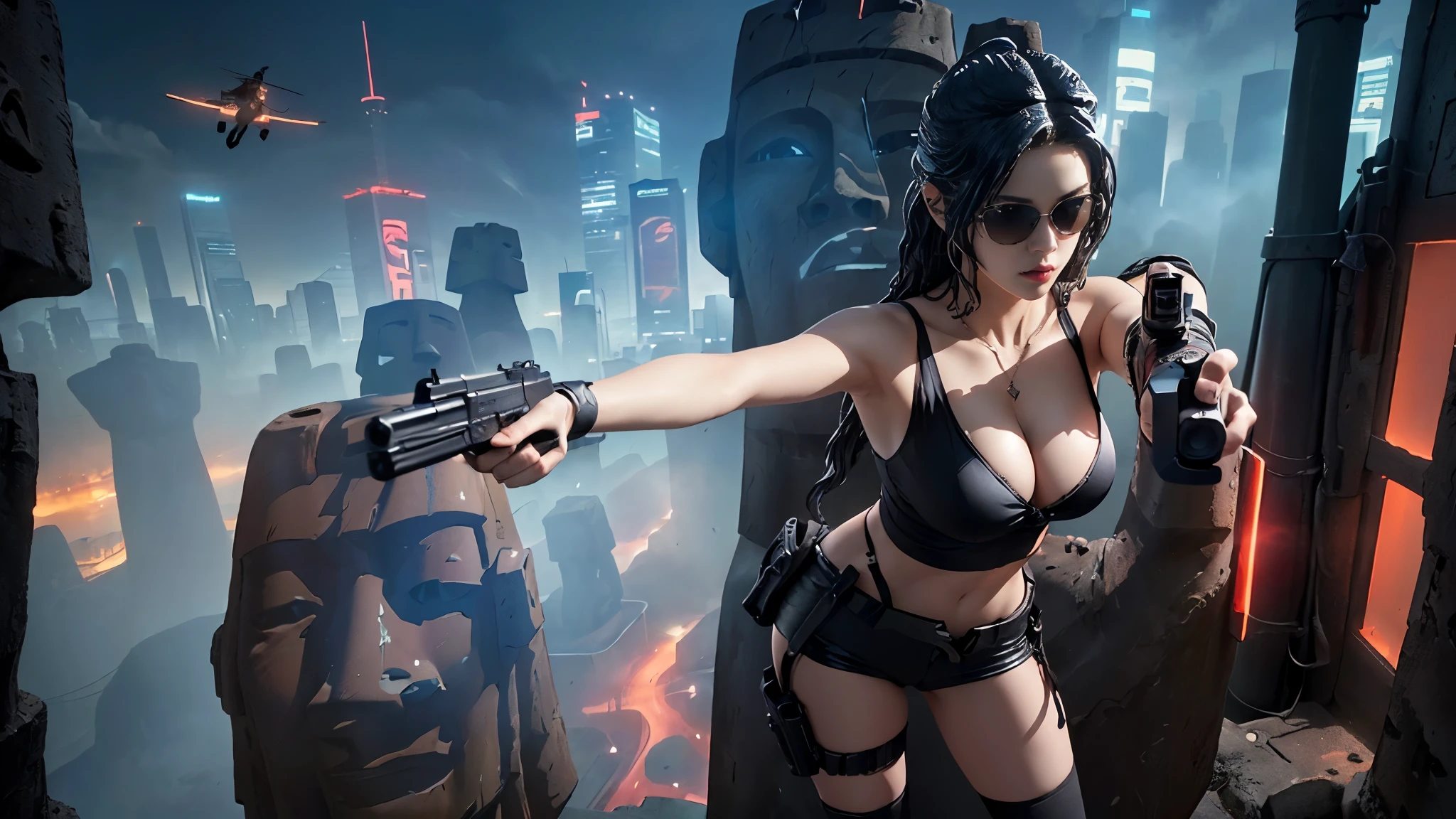 At night, dark sky, aerial view of fantasy cyberpunk style ((Moai-statue)) city, ((flying vehicle)). ((1girl, solo, alone)), photo realistic, medium-breast:1.1 slim body, cleavage, sexy clothes, (black sunglasses), (((hip-up standing and pistol aiming pose))), half-body thigh level medium shot, cinematic lighting.