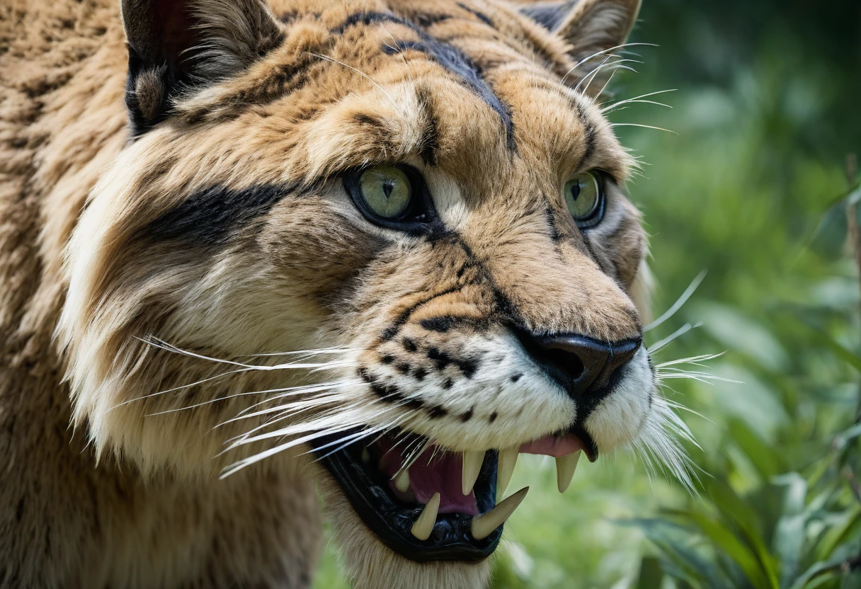 Documentary style photography, close-up shots of Saber-toothed Cats .full body shot