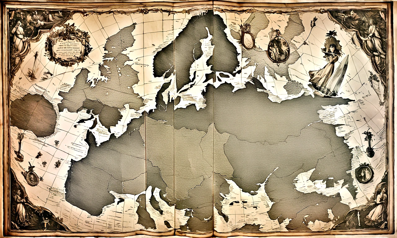 This photo shows several French officers in the 18th century,They used a knife and fork to tear off a large map of Europe