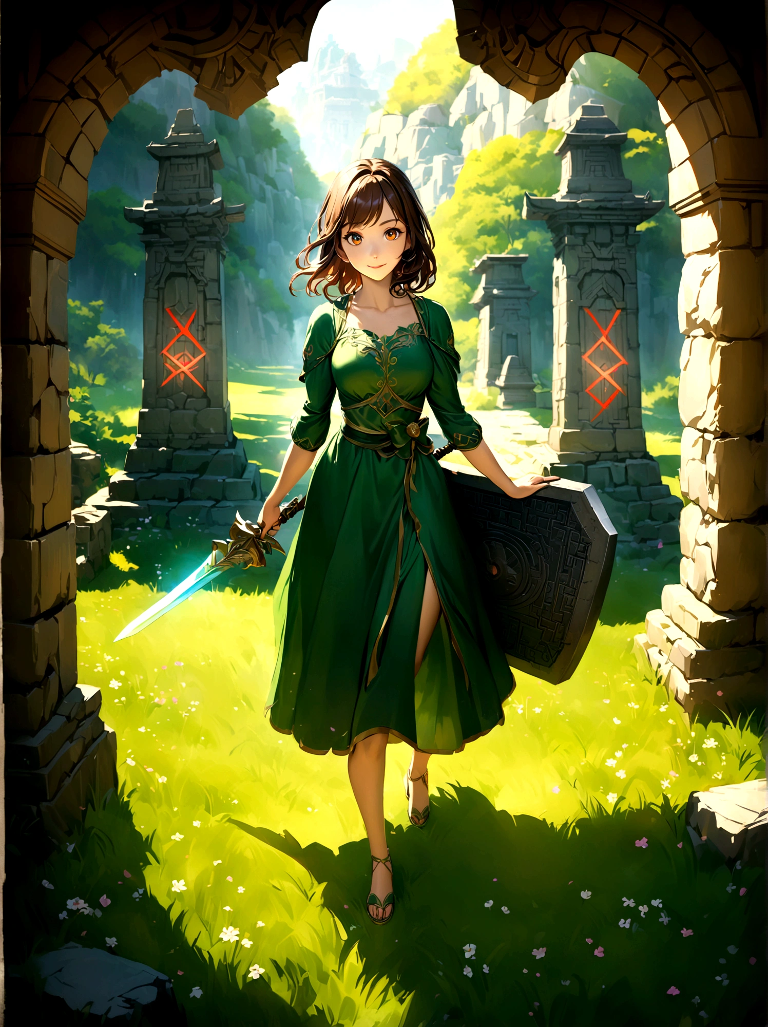 Adventurer princess, (green dress:1.2), short brown hair, big eyes, smiling, holding sword and shield, ancient temple, mysterious maze, mysterious runes, old stone tablet, green grass, (flowers:1.1), magical elements, flying dragon, mysterious creatures, charming scenery, dynamic battle, dreamy atmosphere, outdoor, rich colors, epic scene, fine and delicate light and shadow, evening, sunny, full body, from above, nice hands, perfect hands, 8k, Best quality, photorealistic