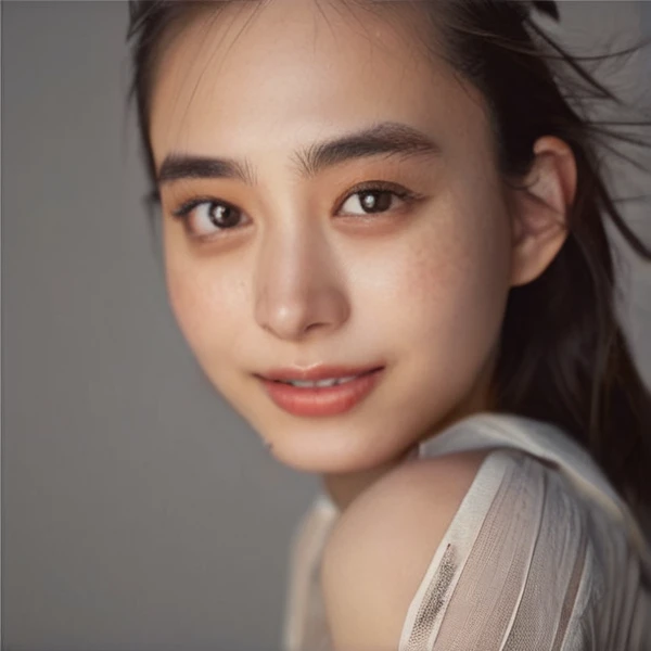 An image of happy yaiba, looking towards the camera. She has large eyes, defined eyebrows, and her brunette hair styled in loose curls pulled back on one side. She wears a long sleeve with a textured fabric, featuring a shoulder cut-out for a modern look. Her makeup is natural, accentuating her eyes. The portrait has soft, studio-quality lighting against a gradient neutral background, focusing on her facial contours and the elegant hairstyle