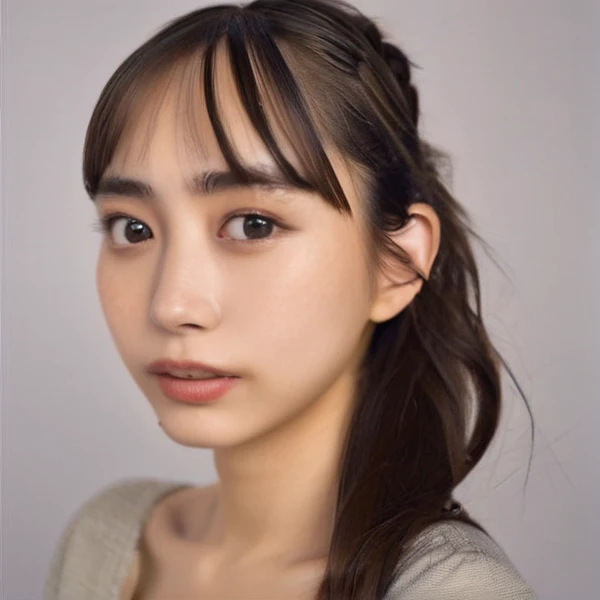 An image of happy yaiba, looking towards the camera. She has large eyes, defined eyebrows, and her brunette hair styled in loose curls pulled back on one side. She wears a long sleeve with a textured fabric, featuring a shoulder cut-out for a modern look. Her makeup is natural, accentuating her eyes. The portrait has soft, studio-quality lighting against a gradient neutral background, focusing on her facial contours and the elegant hairstyle