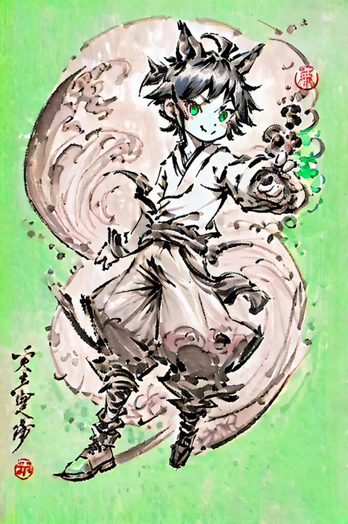black hair, wince, longeyelashes, solid circle eyes, fake animal ears, light smile, ear blush, fang, ccurate, Surrealism, drop shadow, anaglyph, stereogram, tachi-e, pov, atmospheric perspective, 8k, super detail, best quality,Turquoise green, a boy of eighteen years old,horse ears,full body,horse tail
