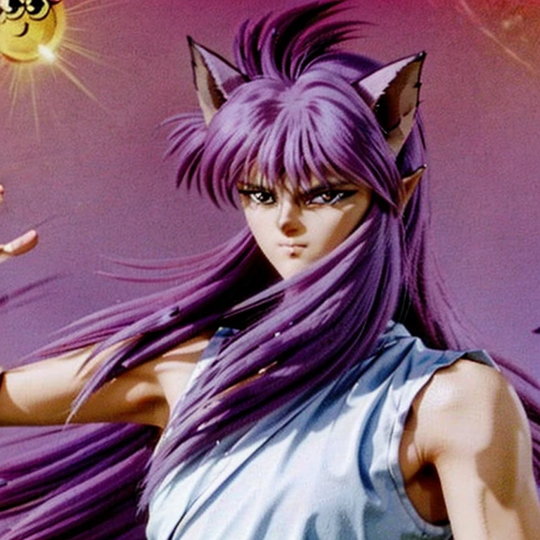  (Yoko Kurama):

Height: Taller than your human form, with an imposing presence.
hairs: long and silver, giving an ethereal and majestic appearance.
muka: Sharper and more angular, with more striking features and an often cold and calculating expression.
eyeballs: golden, bright and intense, with feline pupils that highlight its predatory nature.
ears: Pointy, similar to those of an elf or fox.
Tailpussy: A long, silver fox tail.
Skinned: clear, but with a supernatural glow.
Physical condition: Muscular and agile, with graceful and precise movements.
This physiognomy of Yoko Kurama reflects her dual nature, combining the cunning and power of the fox demon with the intelligence and sensitivity of his human form.