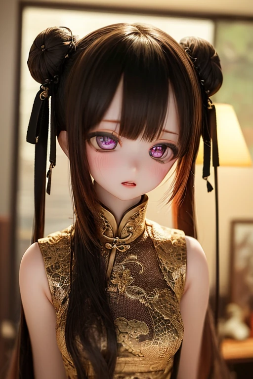 (SFW:2), photorealistic, realistic photo, 8k, ((highest quality)), ((masterpiece)), (extremely detailed), kukolnydom, doll, (mature woman, 20yo, 20 years old:1.6), solo, ((cowboy shot, standing)), parted lips, green eyes, brown hair, double buns, (plastic skin, looking at another, glass eyes, gradient eyes, shining eyes, detailed eyes, detailed face:1.3), china dress, qipao, chinese room