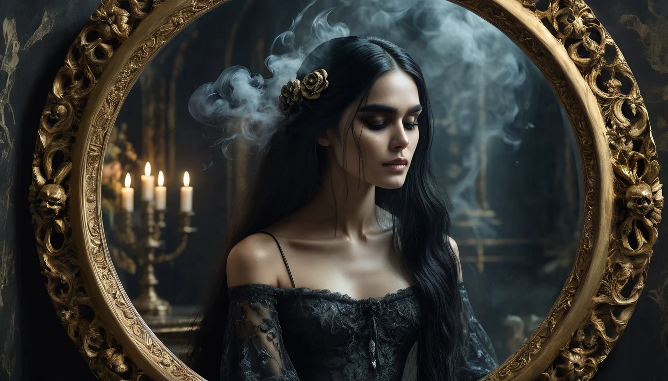 1girl, looking at the mirror, sitting, the skull reflection(transparency 0.8), golden circle frame floral carved mirror, long black hair, mystical elemental, ethereal, dark smoke surrounded, dramatic light, creepy scene, crisp, terrifying, dimmed light, a hand bone emerged from the mirror, super detailed, UHD, 8k, epic realism, fantasy art, photo art.