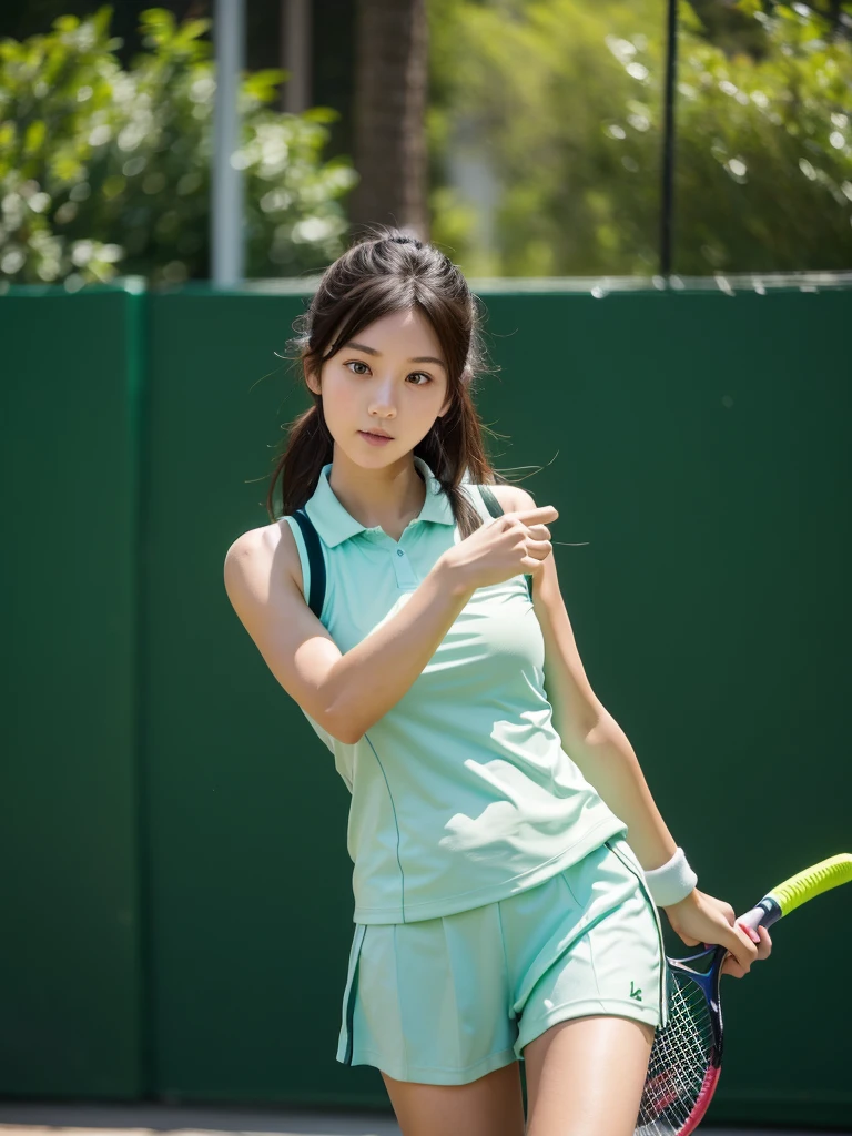 Mint colored tennis wear、tennis racket、Tennis ball、Tennis court、(Highest quality)、((Very detailed))、4K、(8K)、masterpiece、Very detailedな、Highest quality、Super Resolution、1 person、Kind Face、Soft Light、RAW quality、Soft Skin、163cm、30 years old、Thighs、Swing