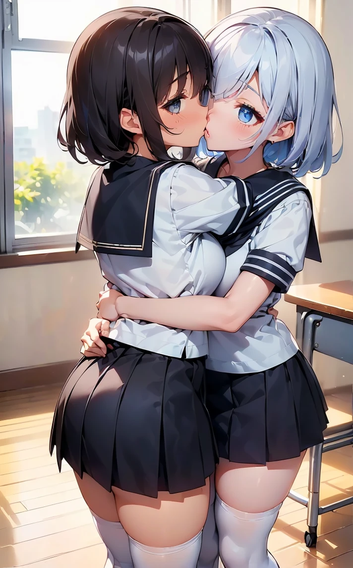 (Cute eyes:1.2), (classroom:1.2),(Beautiful Eyes:1.2), Highest quality,wonderful,finely,Highly detailed CG Unity 8k wallpaper, (Hug from behind:1.3),(kiss:1.3),(Two people with height difference:1.5), (Two Girls, Sailor suit, Skinny body, Dressed), (Huge breasts), (Open your mouth:1.1),(White knee socks:1.3),(Thighs:1.3),(Waistline:1.2),(お揃いのSailor suit:1.2),(From behind:1.2),(Beautiful eyes:1.2),(Different hairstyle),(They both have different eye colors:1.5),(They both have different skin colors:1.5),(Thighsまで隠れるニーソックス:1.2),(Very short skirt:1.3),(Arms don't stick together:1.2)