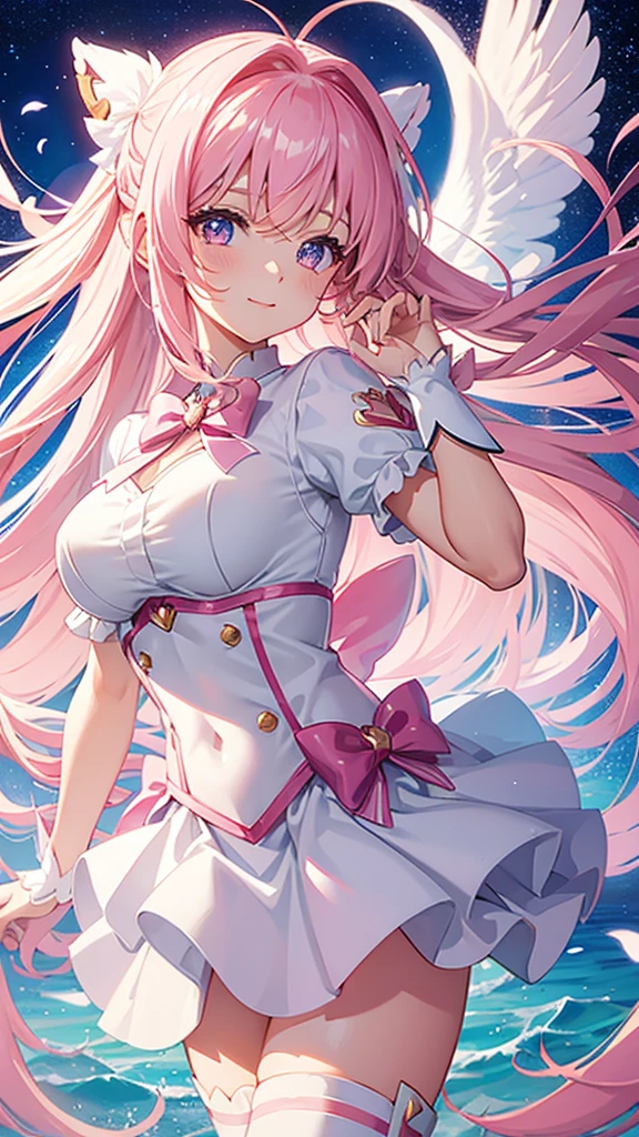 Magical girl White costume mini skirt Pink long hair Ribbon in hair smile Great style Directly facing universe