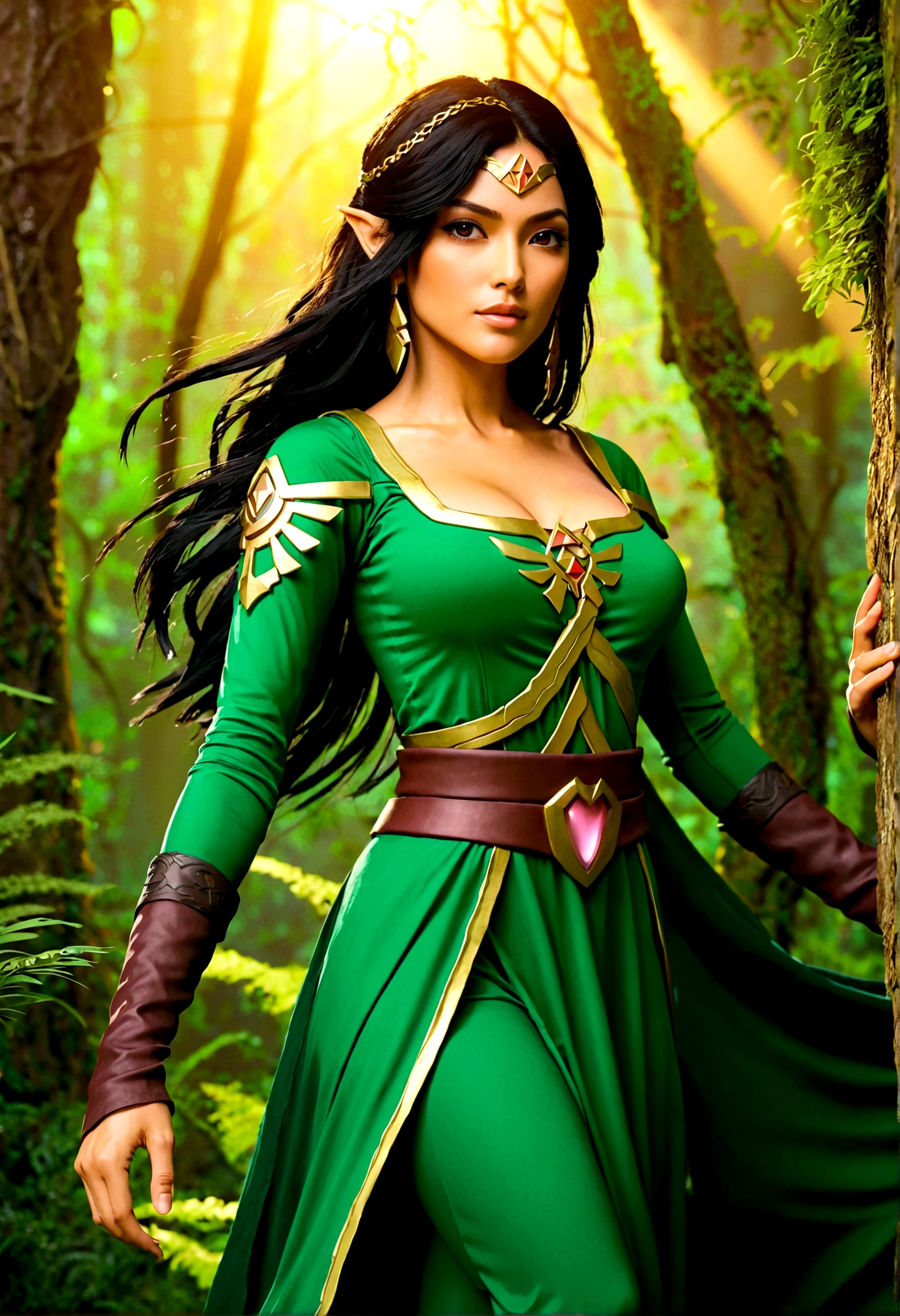 ((Realistic, photorealistic: 1.37), Legend of Zelda inspired, mature woman, intricate details, high-definition RAW color photos, professional close-up shots, (high quality), (best shadows), (best illustrations), classic Zelda outfit with a twist, (big green eyes), (full body shot: 1.2), especially strong light, (detailed hair: 1.2), (tall stature), (sensual pose: 1.2), Sharpshooter Hylian, (NSFW), (legendary allure), (sexy: 1.2), (idle), sitting on a throne