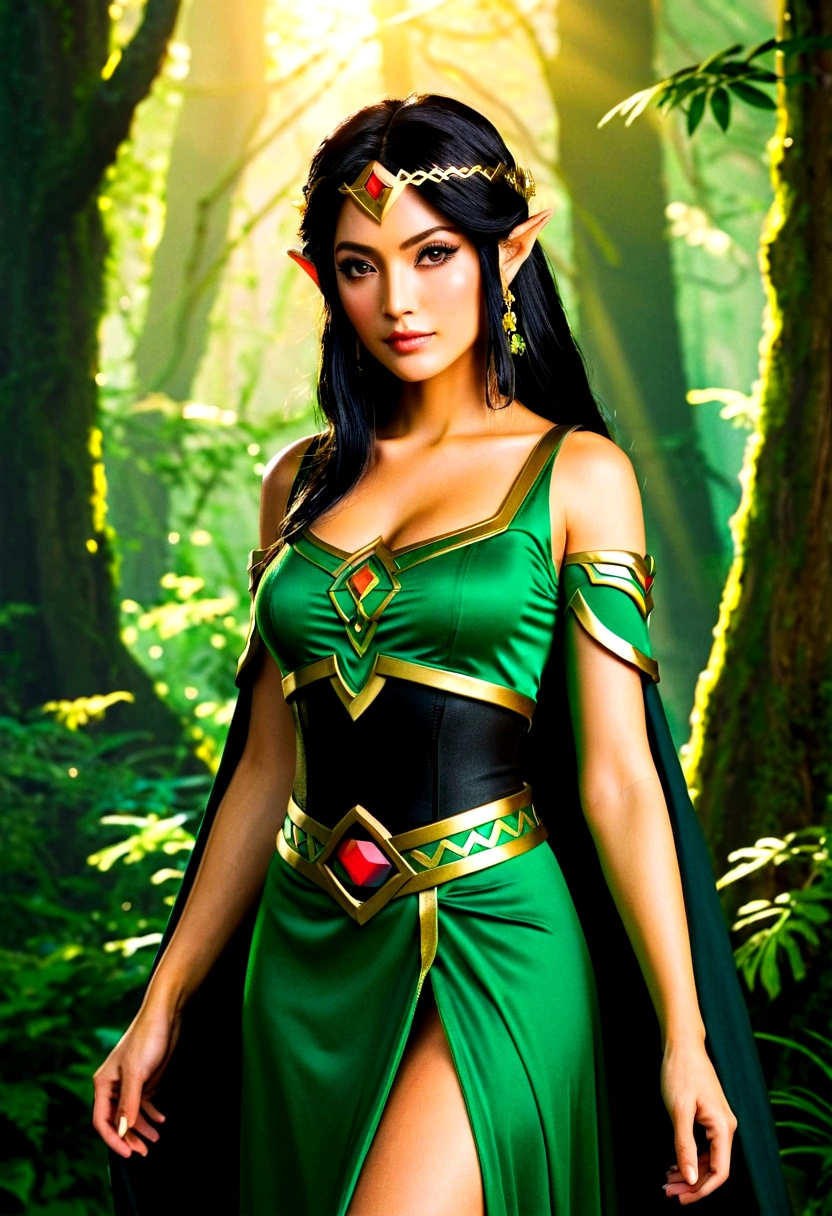 ((Realistic, photorealistic: 1.37), Legend of Zelda inspired, mature woman, intricate details, high-definition RAW color photos, professional close-up shots, (high quality), (best shadows), (best illustrations), classic Zelda outfit with a twist, (big green eyes), (full body shot: 1.2), especially strong light, (detailed hair: 1.2), (tall stature), (sensual pose: 1.2), Sharpshooter Hylian, (NSFW), (legendary allure), (sexy: 1.2), (idle), sitting on a throne