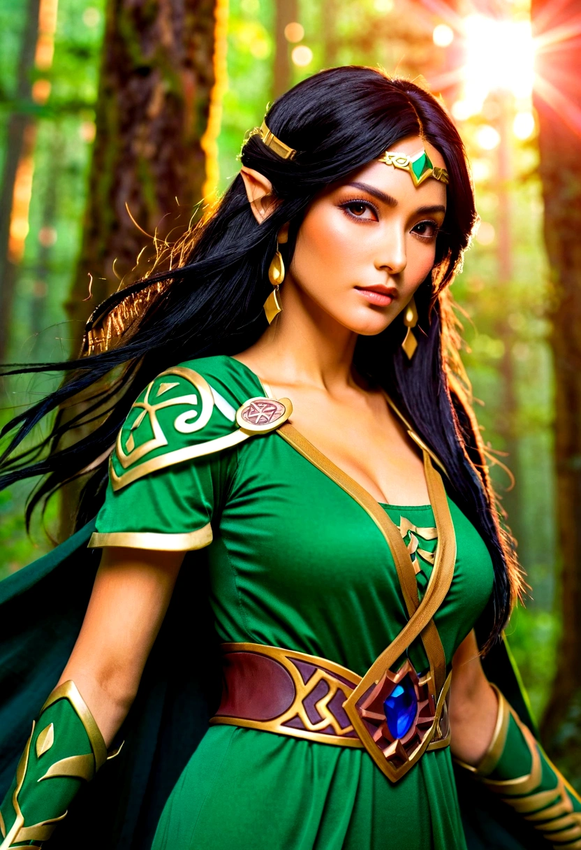 ((Realistic, photorealistic: 1.37), Legend of Zelda inspired, mature woman, intricate details, high-definition RAW color photos, professional close-up shots, (high quality), (best shadows), (best illustrations), classic Zelda outfit with a twist, (big green eyes), (full body shot: 1.2), especially strong light, (detailed hair: 1.2), (tall stature), (sensual pose: 1.2), Sharpshooter Hylian, (NSFW), (legendary allure), (sexy: 1.2), (idle), sitting on a throne