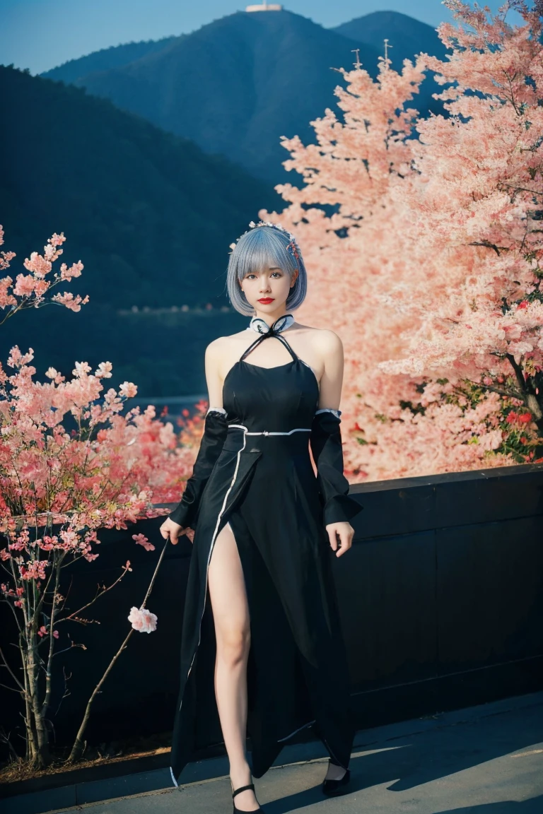 best quality, tmasterpiece,Ultra-high resolution,Clear face,(Reality:1.4),ferpect lighting,(upper body:1.3), (photorealistic:1.50), anime wallpaper, Guviz style artwork, cover-up fantasy up to magic , by Yang J, Guviz, beautiful artwork illustration, beautiful digital artwork, beautiful digital illustration, Li Song, beautiful anime portrait, art style in Beauvot, black nightgown, see-through, yinziping,1girl, 独奏, (blue hair:1.5), short hair, hair ornament, hair ribbon, anklet, dress, black hair, standing, (Chinese dress:1.3), black dress, Hanfu, cheongsam, outdoor, Trees, cherry blossoms falling, Cherry blossoms, Night sky, temple, Japanese background, Garden,