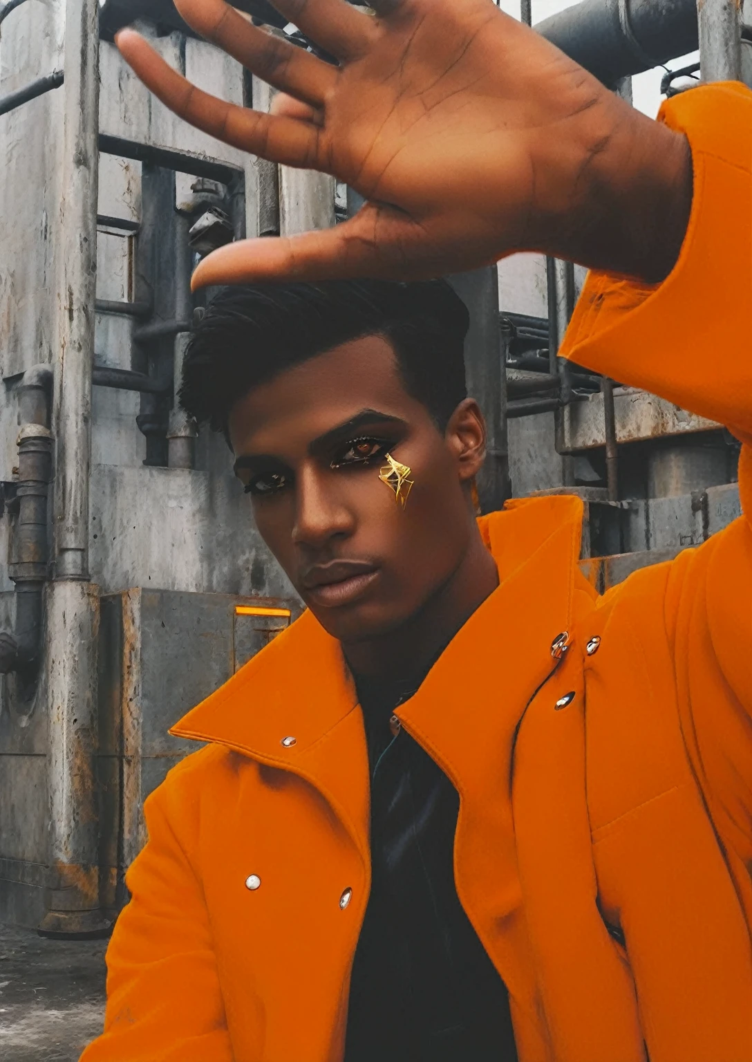 a young man with glowing red eyes and golden facial markings, dressed in an eye-catching orange coat that makes him stand out against the metallic and industrial background.