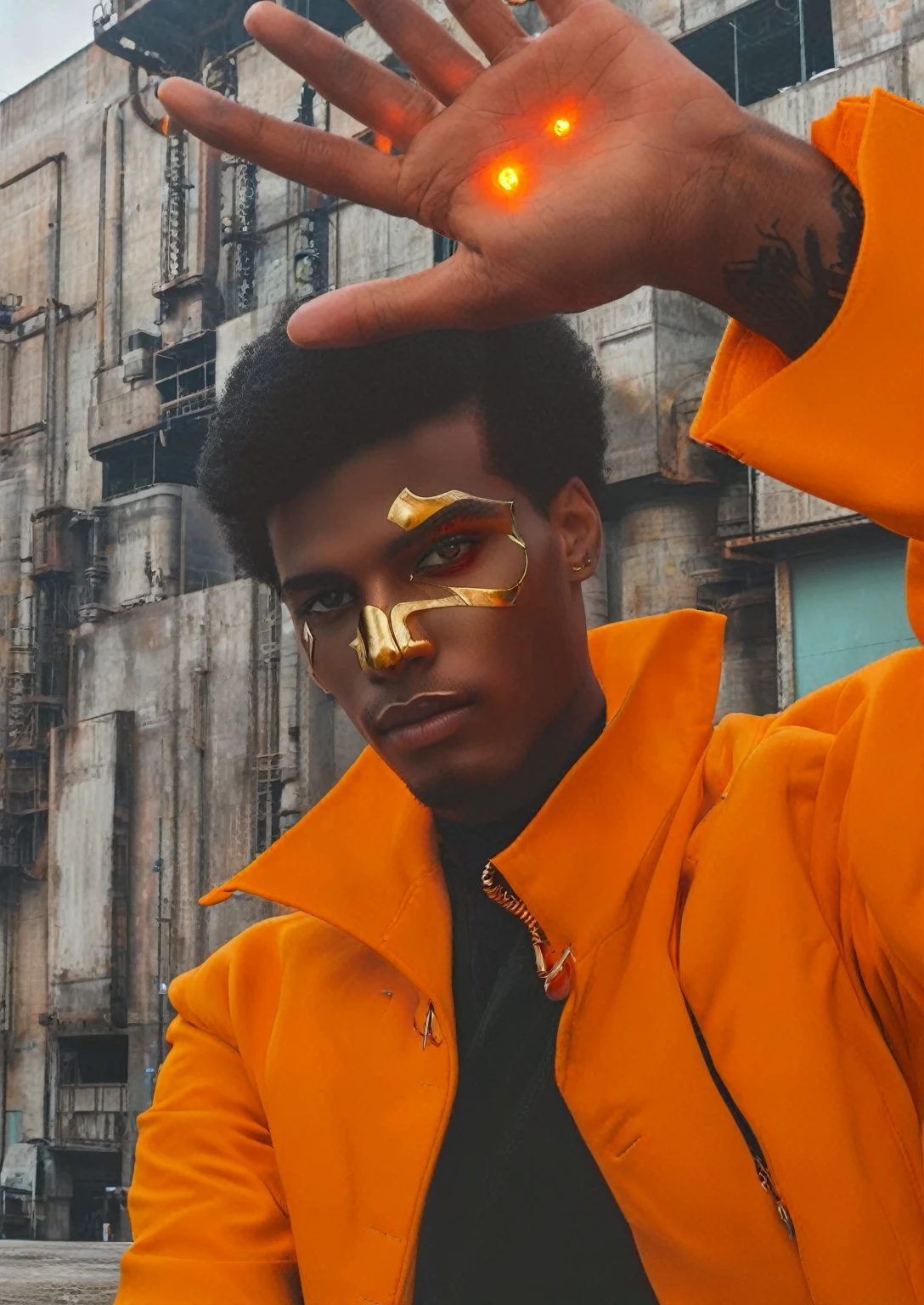 a young man with glowing red eyes and golden facial markings, dressed in an eye-catching orange coat that makes him stand out against the metallic and industrial background.