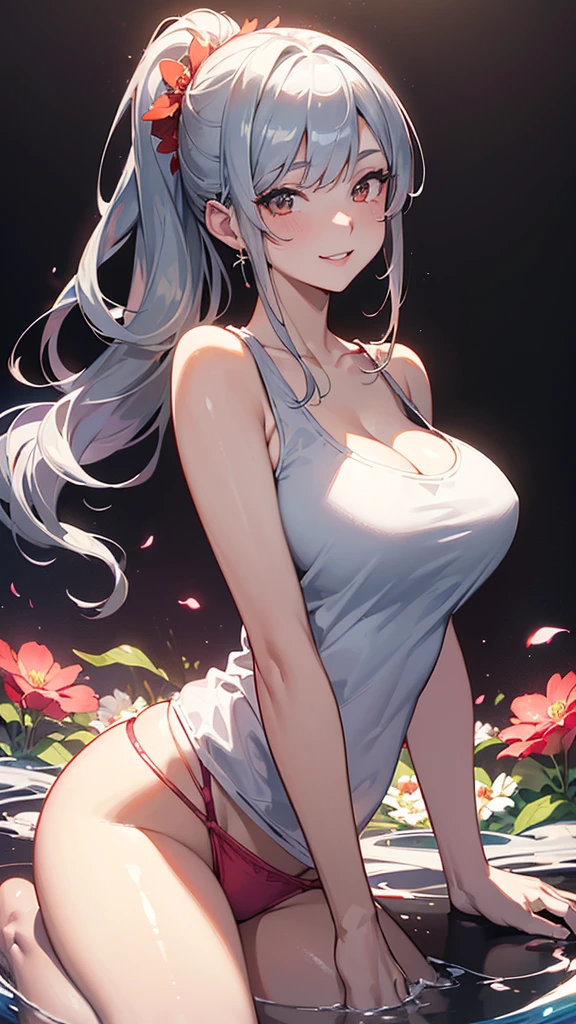 smile、Red cheeks、Official Art, masterpiece, Highest quality,One girl, JK,Tank top(silver, metallic, ) 8K,High resolution, ( flower_Styler:1.2)(Rainbow Candy:1.2),(Excellent rendering, Stand out in the same class), (Amazing details, Excellent lighting, Wide-angle), Big Breasts(0.6), Absolute area, Detailed Background、Panty shot