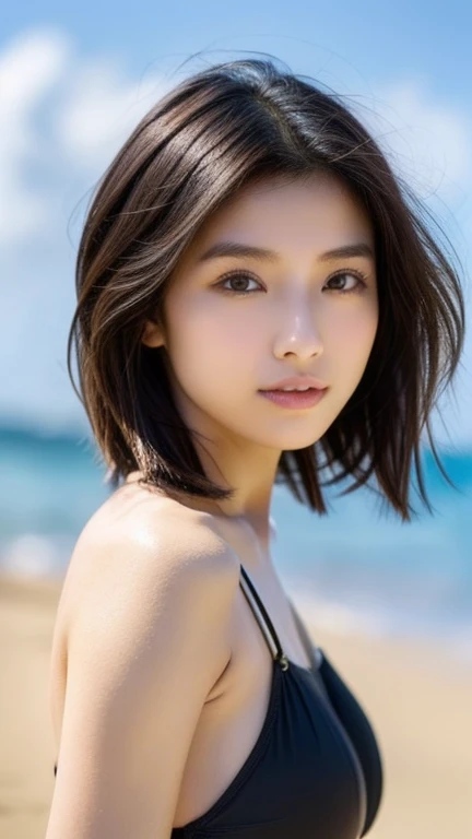 Highest quality、Japanese women、The most beautiful woman in the world、sexy、Brown Hair、Short Hair Style、Small face、Beautiful skin、Ocean、Large breasts、Realistic、Brush your fingers through your hair、sexyな表情、Black bikini swimsuit