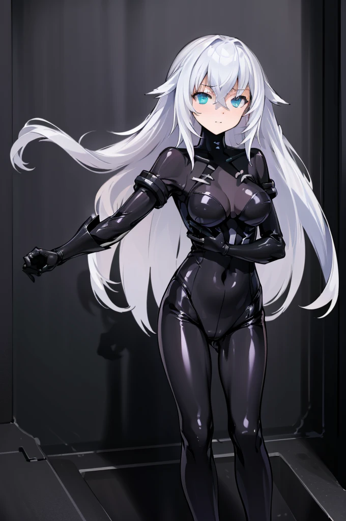 ((detailed), high_quality, master_quality, (realistic), standing, 8k, masterpiece, (BlackHeartBase), white_hair, long_hair, blue_eyes, sexy, large_breasts, slim_figure, (black leotard, elbow gloves, black thighhighs), bodysuit, (b34n bodysuit) high_heels, pistol_on_th_hip, dynamic_lightning, villain