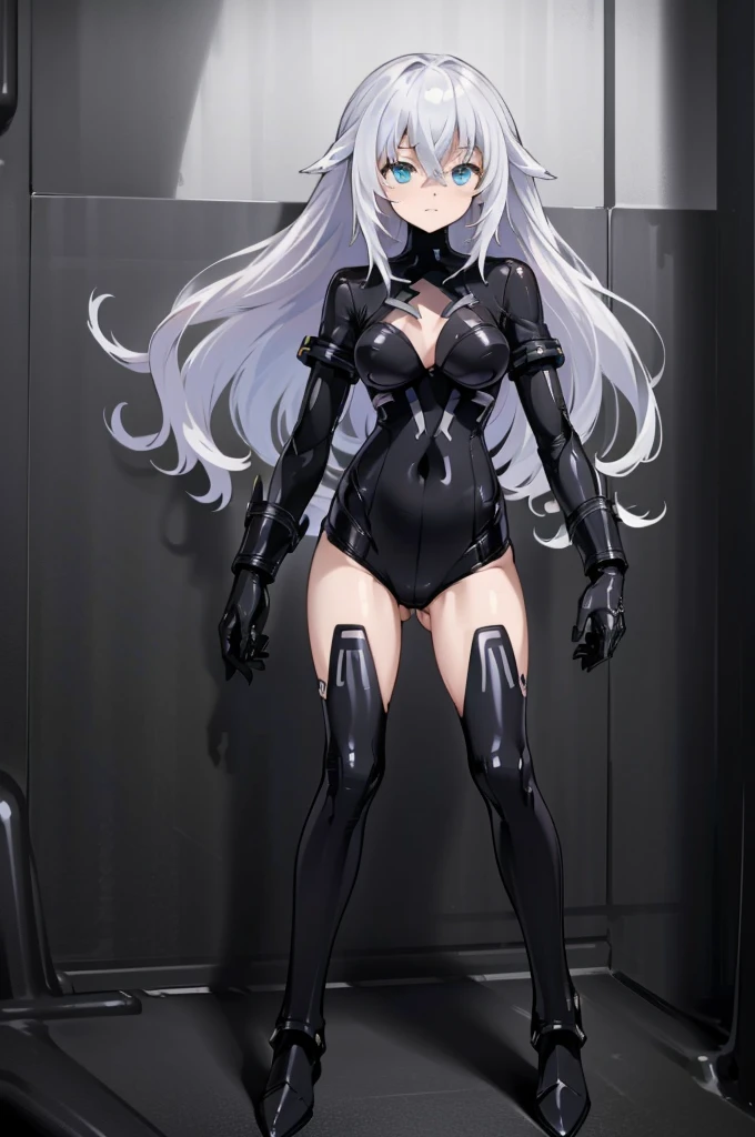 ((detailed), high_quality, master_quality, (realistic), standing, 8k, masterpiece, (BlackHeartBase), white_hair, long_hair, blue_eyes, sexy, large_breasts, slim_figure, (black leotard, elbow gloves, black thighhighs), bodysuit, (b34n bodysuit) high_heels, pistol_on_th_hip, dynamic_lightning, villain