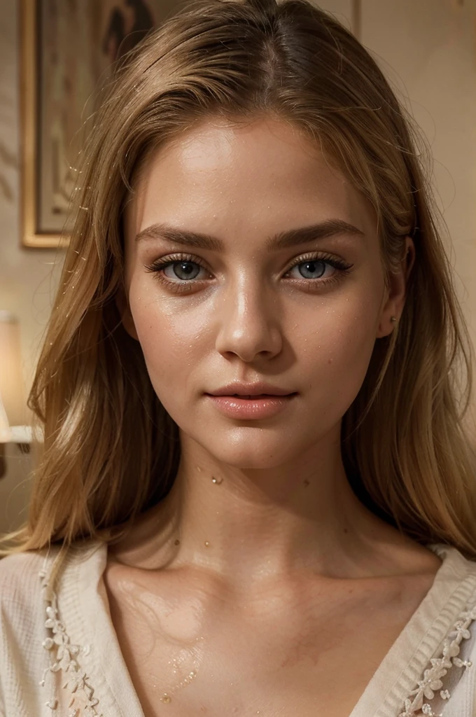 a beautiful blonde girl, wearing a bathrobe, in a luxury hotel, sitting in a the bed, detailed beautiful eyes, detailed beautiful lips, extremely detailed face, long eyelashes, elegant pose, photorealistic, 8k, high quality, masterpiece, intricate details, warm lighting, atmospheric, cinematic, dramatic, elegant, glamorous, photo portrait, hair a bit wet