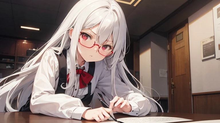 Super delicate white-haired cute girl, 1 Girl, Small Breasts, Long hair, curls, Red Eye, Wearing glasses , Researcher  , feel sad