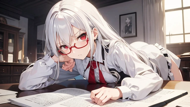 Super delicate white-haired cute girl, 1 Girl, Small Breasts, Long hair, curls, Red Eye, Wearing glasses , Researcher  , feel sad