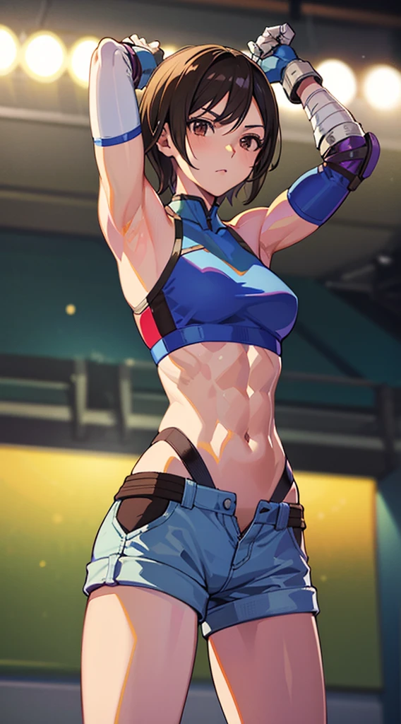"(masterpiece、Premium Quality:1.2)、alone、1 Girl(Kazama Asuka、Muscular woman、Short brown hair、White skin、Brown eyes)、Cowboy Shot、Looking at the audience、standing split、Tight clothing、Great for sports、High neck crop top、Shorts、(gloves:1.1)、internal、Elbow pads、abdomen、Trained abdominal muscles、Trained biceps、City of night,Pull up your clothes to show off your