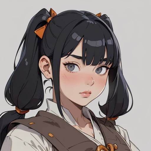 (masterpiece), (best quality),(portrait),(bust up),1girl,solo,(sharp focus),(look at viewer),(hime cut),dwarf girl,dwarf, short twintails ,bangs on eyes,gray eyes,fat ,ancient Frugal long clothes,(simple background),old school fantasy art,super shiny face,Ultra Glossy Skin,peasants
