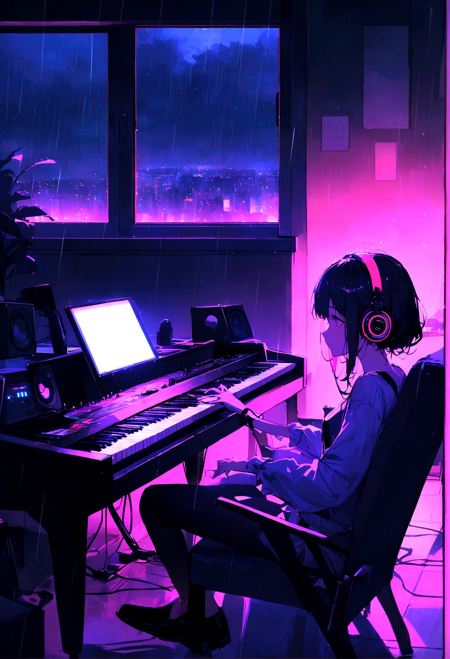Music Study Room,Dimly lit room, evening, computer, keyboard, Auricular, Monitoring the speakers, piano,guitar , Small Light, end, sofa,, rain, Night Sky, Night City, Absurd, High resolution, Super sharp, 8K, masterpiece