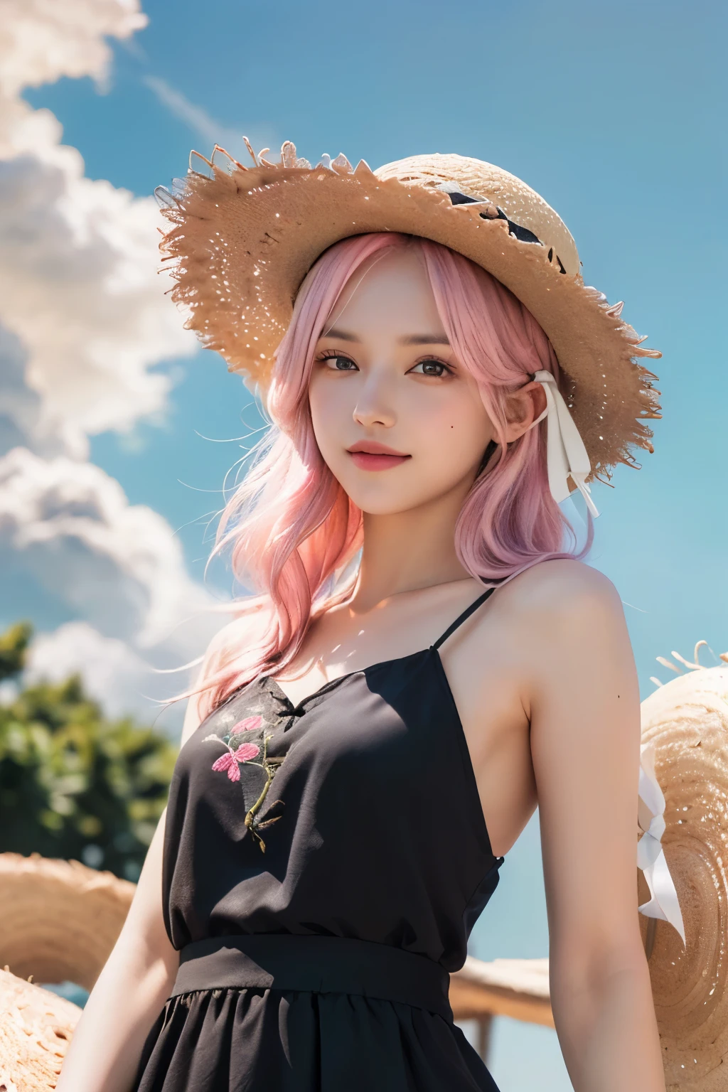(8K, top-quality, masterpiece:1.2), (reallistic, Photorealsitic:1.37), Super Detail, One girl,), (Highly detailed), (beautifully detailed eyes), (of the highest quality), (super detailed ), (masterpiece), (Detailed face),20yr old, ,1 girl, ((pink hair,long hair)), medium breasts, clothed, Perfect Lighting, BREAK, (black dress:1.5), (long skirt:1.3), (embroidered hem:1.2), (white sandals:1.2), (straw hat:1.5), (white ribbon:1.3), (summer:1.4), (lightweight fabric:1.2), BRAKE, (upper body to thighs:1.2), (long pink hair:1.3), (gentle smile:1.2), (face slightly up:1.2), (holding a straw hat:1.2), (summer sky with cumulus clouds:1.4), (backlit:1.2), BRAKE