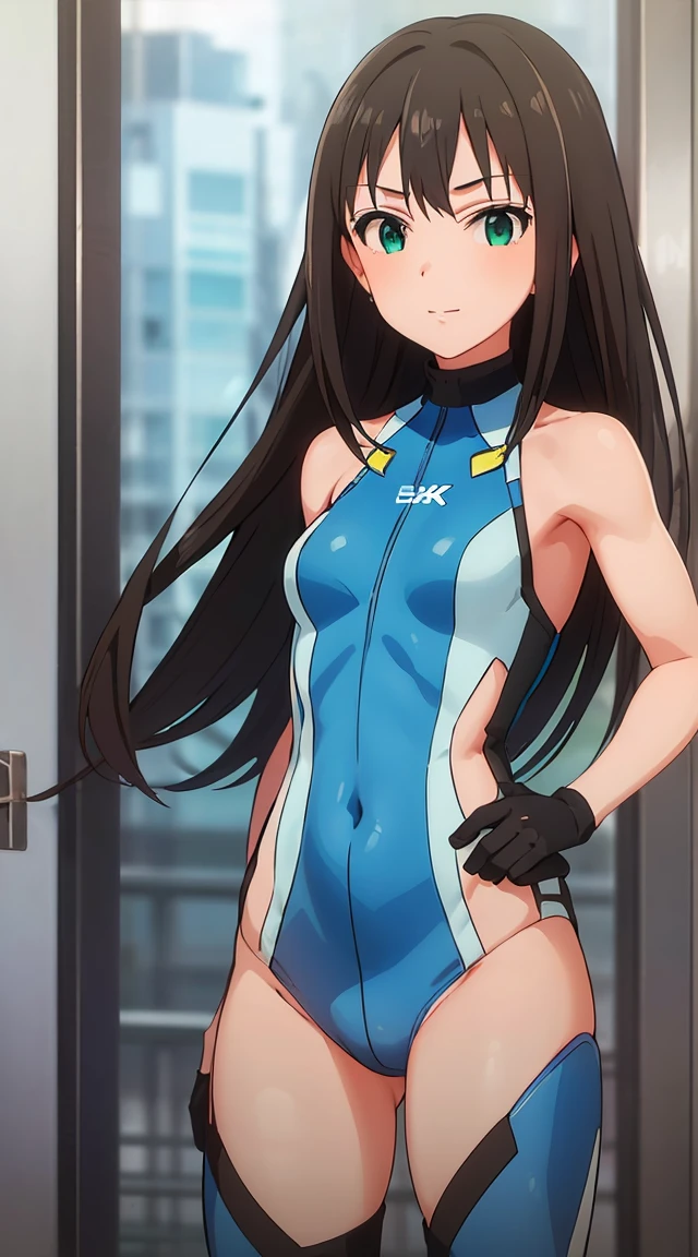 (​masterpiece、top-quality、in 8K、hight resolution:1.2)、Alone、1girl in、 Rin Shibuya, A slight smil、taut clothes、cowboy  shot、Look at viewers、battle posture、Hero Suit、body suit、tight suits、Trained abs、Trained biceps、(Buildings:1.2)、nighttime scene