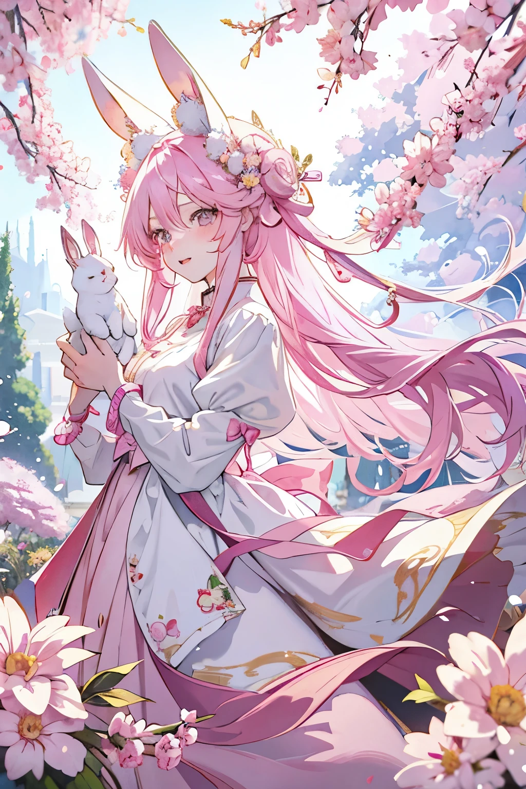 long pink hair anime girl with white rabbit, Cute anime wife in a nice dress, anime art wallpaper 8k, anime wallpaper, anime style 4k, anime art wallpaper 4k, anime art wallpaper 4k, beautiful anime style, beautiful anime girl, long hair anime girl, very beautiful anime cat girl, cute anime girl, anime wallpaper 4K