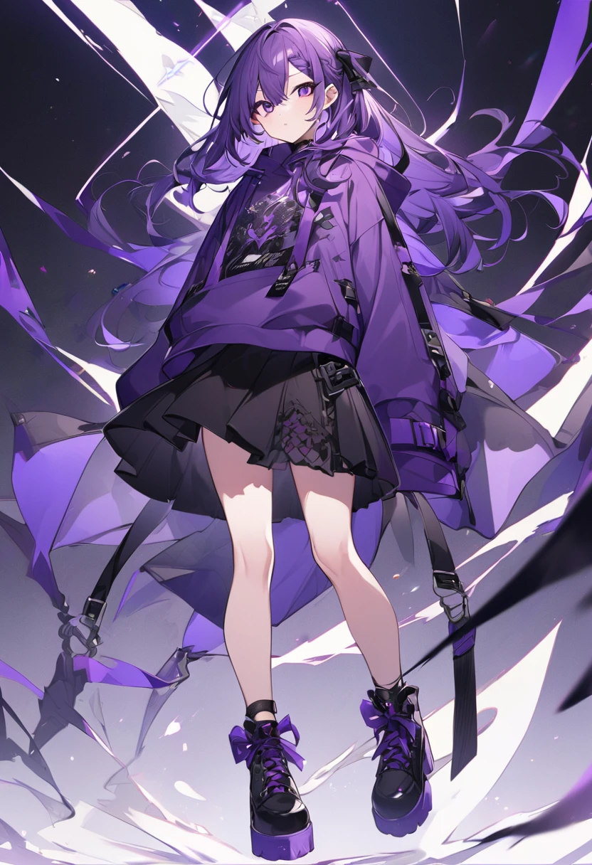 Keito。Purple hoodie。Black Skirt。Purple Eyes。Purple Hair。Black shoes下。Black shoes。
