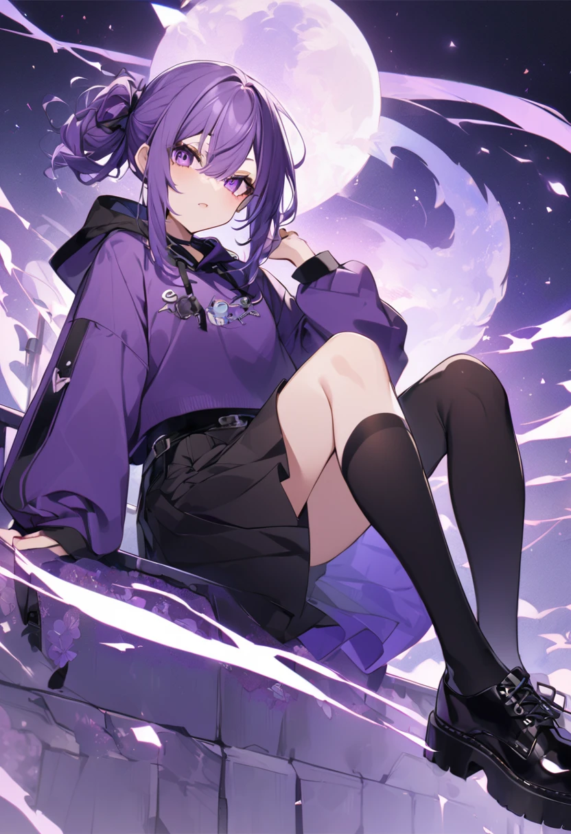 Keito。Purple hoodie。Black Skirt。Purple Eyes。Purple Hair。Black shoes下。Black shoes。
