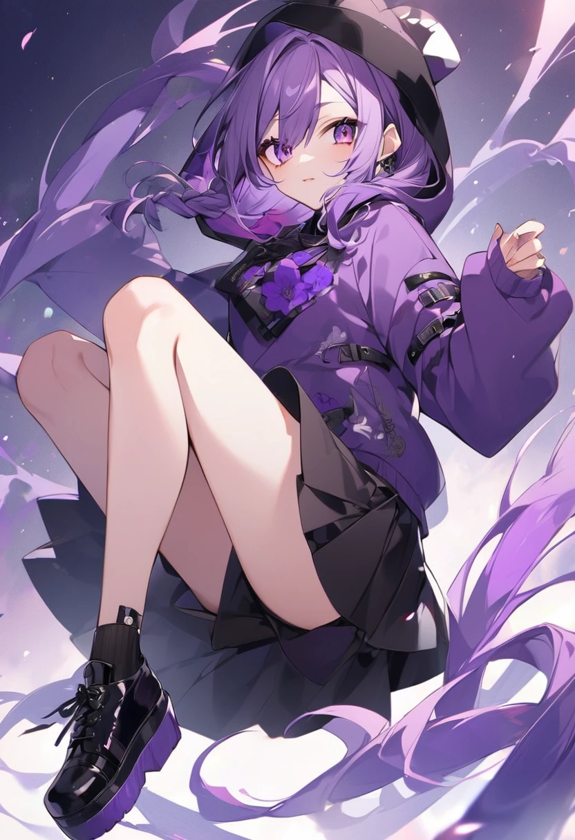 Keito。Purple hoodie。Black Skirt。Purple Eyes。Purple Hair。Black shoes下。Black shoes。