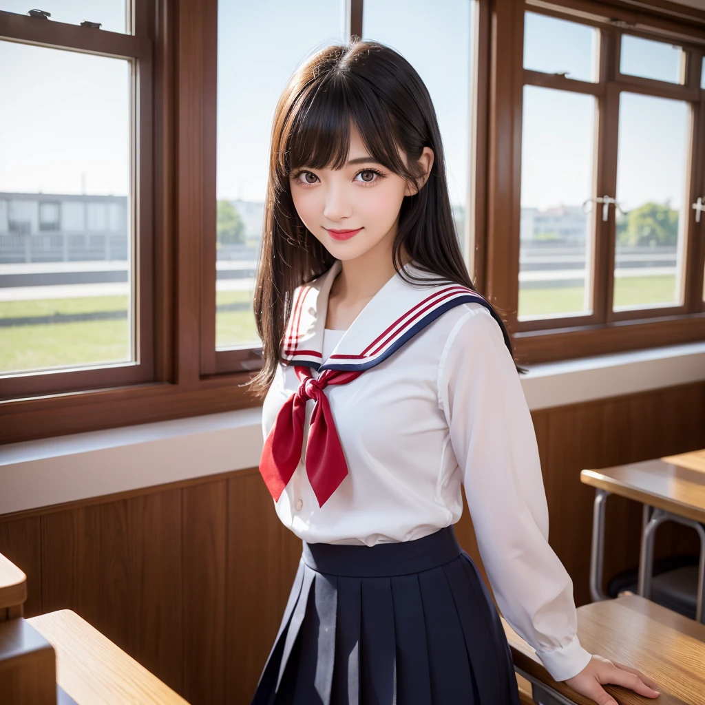 Real、Highest quality、High resolution、Detailed Background、Beautiful face in every detail、Beauty in her thirties、Detailed red eyes、Realistic、Perfect body line、Black Hair、Black Hairロングヘア、well-groomed eyebrows、Cute Lip Makeup、Calm atmosphere、A short-sleeved shiny dark sailor suit、White sailor collar、Navy blue pleated skirt、Red ribbon、White Stockings、Standing by the window of a classroom、He looked at me with a happy expression.、Cute gestures、so beautiful