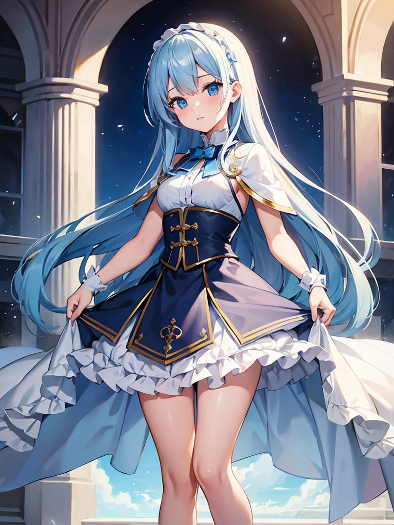 masterpiece,high quality,(full body 1.2),animated standing portrait, white cape and blue shirt,(blue hair 1.4),anime girl with long blue hair and blue eyes,(detailed eyes 1.6),(clear eyes 1.4),(beautiful eyes 1.4),(shining eyes 1.4),white cyan, from arc knights, blue hair, shining blue eyes, blue eyes, detailed key animated art, animated portrait, shining blue eyes, Pixiv digital art, blue haired girl, blue white hair, frilly skirt, thighs, 4K