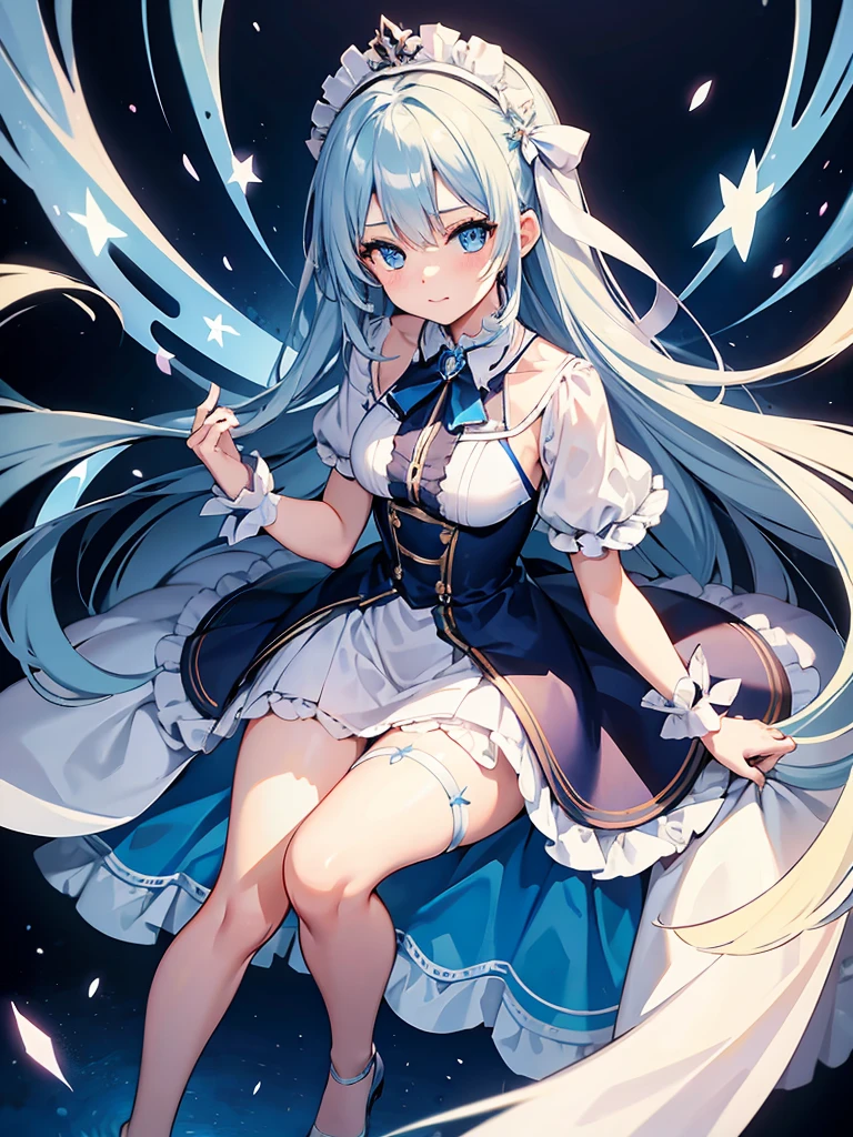 masterpiece,high quality,(full body 1.2),animated standing portrait, white cape and blue shirt,(blue hair 1.4),anime girl with long blue hair and blue eyes,(detailed eyes 1.6),(clear eyes 1.4),(beautiful eyes 1.4),(shining eyes 1.4),white cyan, from arc knights, blue hair, shining blue eyes, blue eyes, detailed key animated art, animated portrait, shining blue eyes, Pixiv digital art, blue haired girl, blue white hair, frilly skirt, thighs, 4K