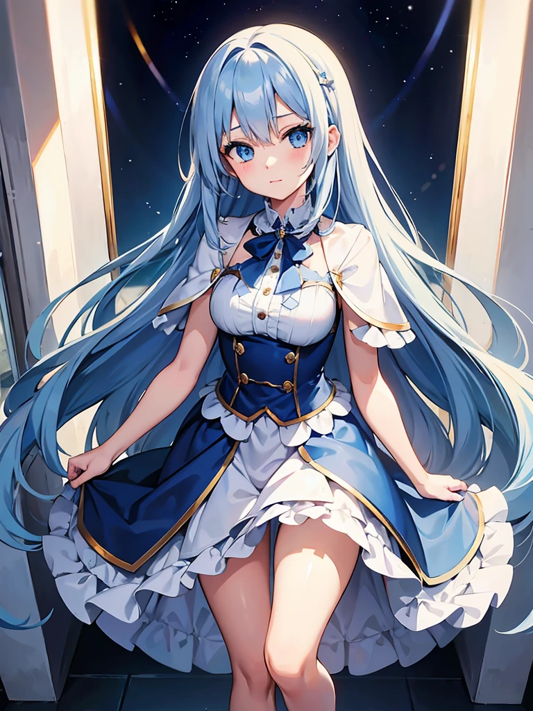 masterpiece,high quality,(full body 1.2),animated standing portrait, white cape and blue shirt,(blue hair 1.4),anime girl with long blue hair and blue eyes,(detailed eyes 1.6),(clear eyes 1.4),(beautiful eyes 1.4),(shining eyes 1.4),white cyan, from arc knights, blue hair, shining blue eyes, blue eyes, detailed key animated art, animated portrait, shining blue eyes, Pixiv digital art, blue haired girl, blue white hair, frilly skirt, thighs, 4K