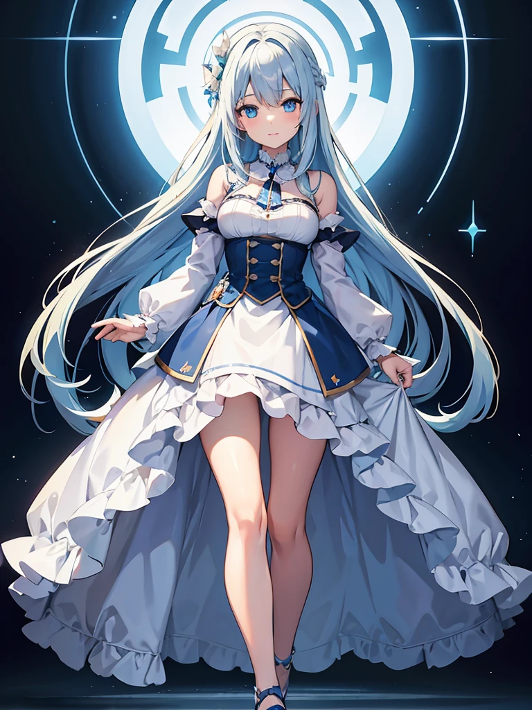 masterpiece,high quality,(full body 1.2),animated standing portrait, white cape and blue shirt,(blue hair 1.4),anime girl with long blue hair and blue eyes,(detailed eyes 1.6),(clear eyes 1.4),(beautiful eyes 1.4),(shining eyes 1.4),white cyan, from arc knights, blue hair, shining blue eyes, blue eyes, detailed key animated art, animated portrait, shining blue eyes, Pixiv digital art, blue haired girl, blue white hair, frilly skirt, thighs, 4K